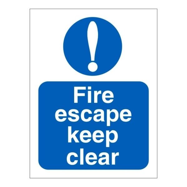 Vsafety 18070 Cartello Obbligatorio 'Fire Escape Keep Clear' - Adesivo 300x100 Mm, Blu, Norma EN ISO 7010